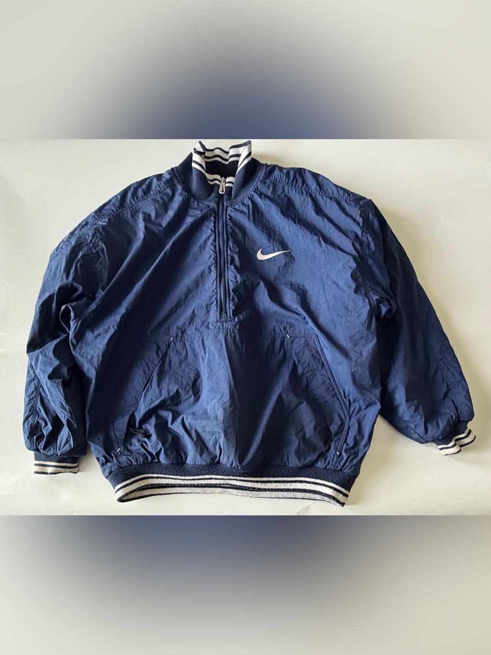 Vintage 90s Nike Puffer Bomber Jacket Big Swoosh White Tag Faded Navy Blue Large